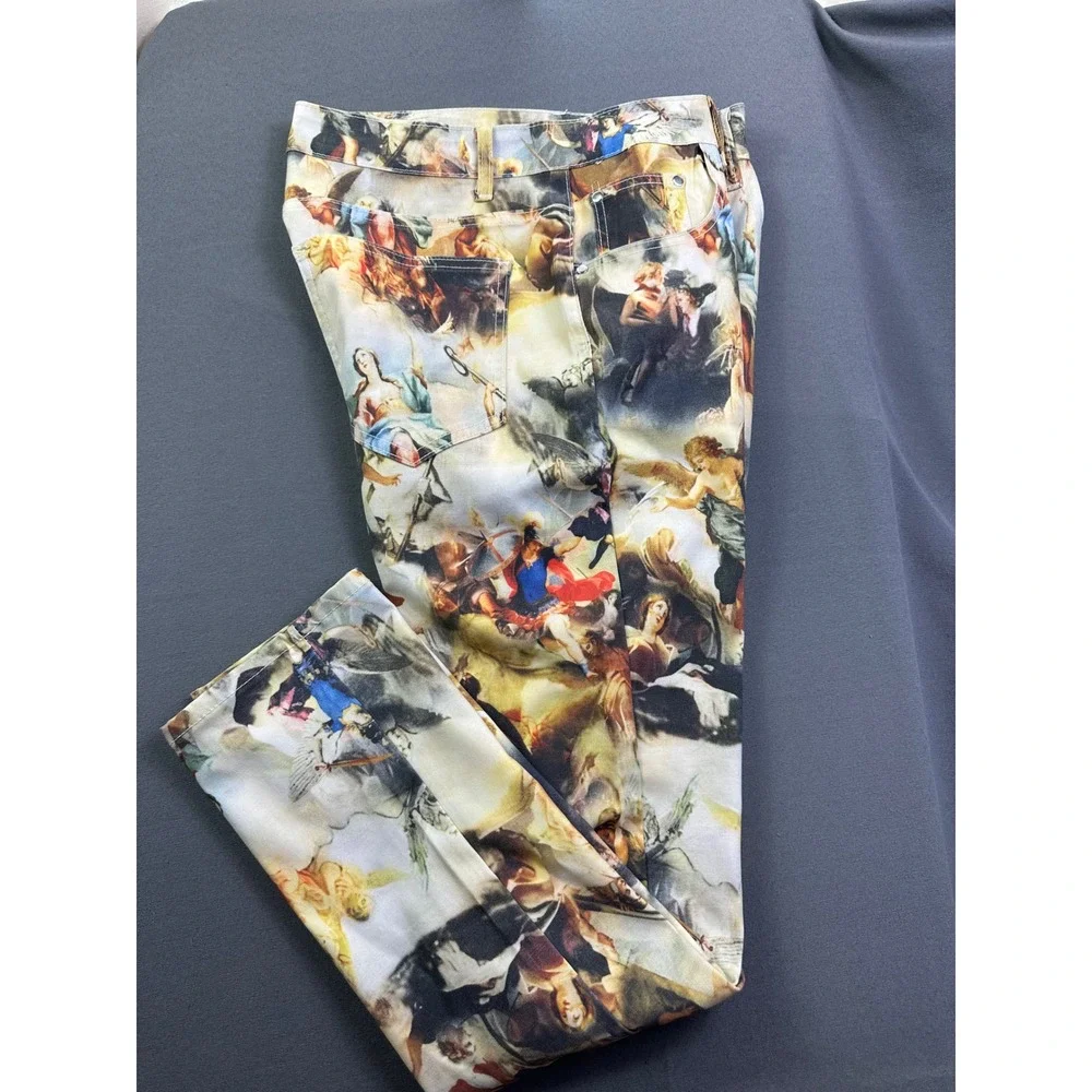 Renaissance Oil Painting Print Slim Fit Pants Angels Cherubs Multi Color 36x30